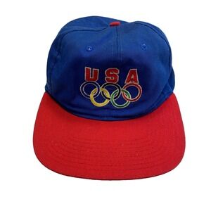 VINTAGE USA Olympics Snapback Hat Red White Blue Cap Athletics Logo Rings